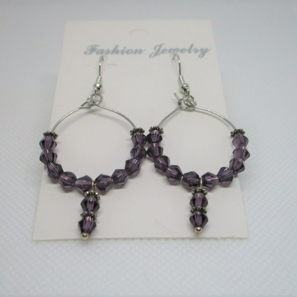 Stainless Steel Hoop Dangle Earrings with 4 mm Bicone Crystal Purple Bead - Picture 2 of 4